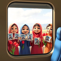 A vibrant scene depicting several animated 3D Iranian Muslim kindergarten girls, viewed through a train window