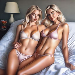 A hyper-realistic digital painting featuring two beautiful blonde women, Instagram models, on a bed, dressed in bikinis