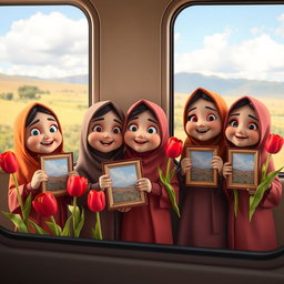A vibrant scene depicting several animated 3D Iranian Muslim kindergarten girls, viewed through a train window