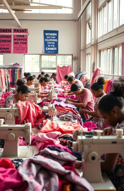 A vibrant garment assembly line within a factory setting, showcasing workers engaged in the clothing manufacturing process