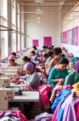A vibrant garment assembly line within a factory setting, showcasing workers engaged in the clothing manufacturing process