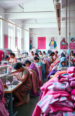 A vibrant garment assembly line within a factory setting, showcasing workers engaged in the clothing manufacturing process
