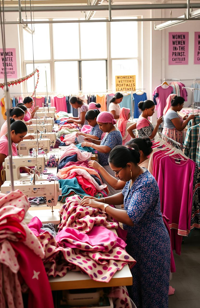 A vibrant garment assembly line within a factory setting, showcasing workers engaged in the clothing manufacturing process