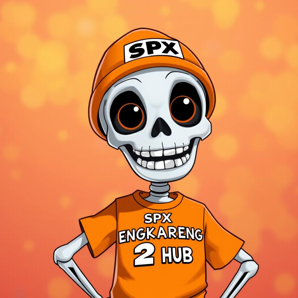An animated skeleton wearing an orange hat and an orange shirt with the text 'SPX CENGKARENG 2 FM HUB' prominently displayed on it