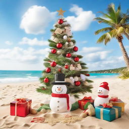 A beautiful beach setting on Christmas day, decorated with a festive Christmas tree standing on the sand, gifts around, ornaments hanging from palm trees and a snowman made of sand.