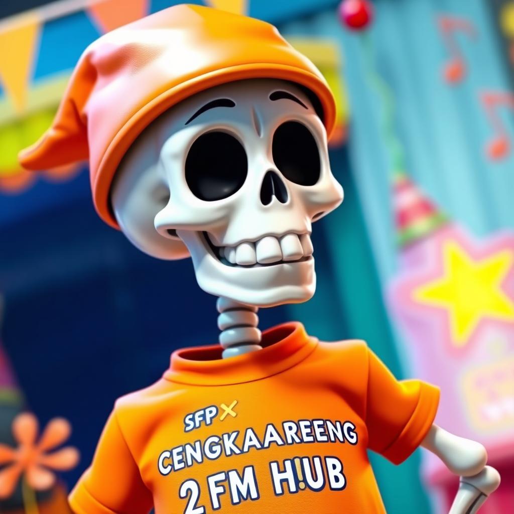 An animated skeleton wearing an orange hat and an orange shirt with the text 'SPX CENGKARENG 2 FM HUB'