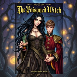 An enchanting book cover centered around a poisoned witch and a brave prince