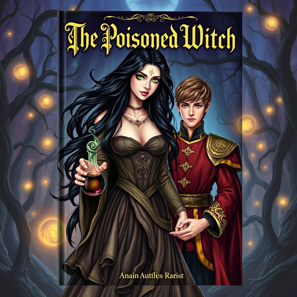 An enchanting book cover centered around a poisoned witch and a brave prince