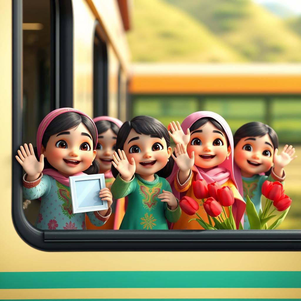 A lively scene featuring several animated 3D baby girls of Iranian descent, all wearing colorful traditional clothing, excitedly waving from a train window