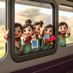 A lively scene featuring several animated 3D baby girls of Iranian descent, all wearing colorful traditional clothing, excitedly waving from a train window