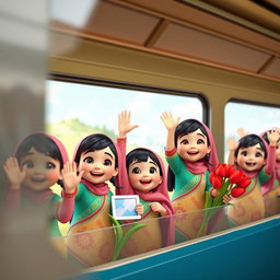 A lively scene featuring several animated 3D baby girls of Iranian descent, all wearing colorful traditional clothing, excitedly waving from a train window