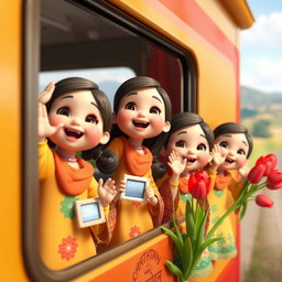 A lively scene featuring several animated 3D baby girls of Iranian descent, all wearing colorful traditional clothing, excitedly waving from a train window