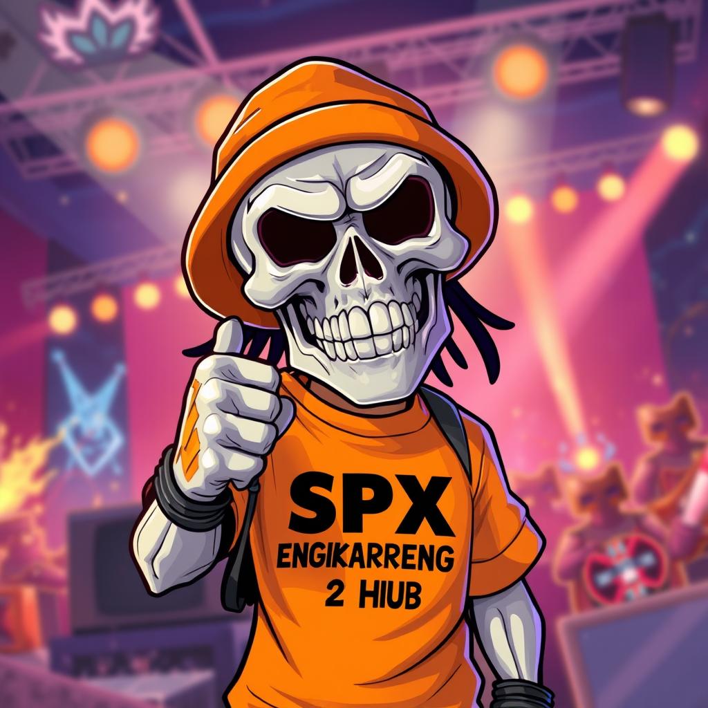 A stylized animation of a skull striking a metal pose