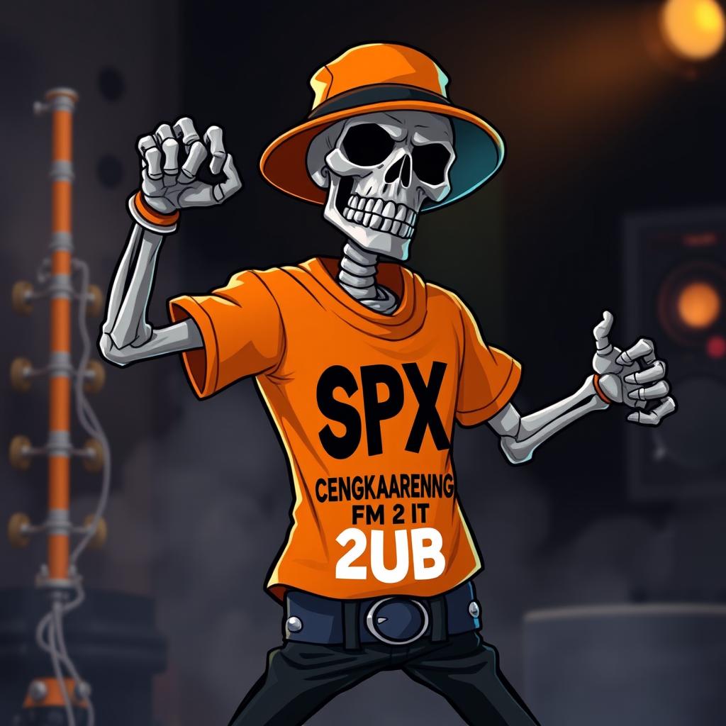A stylized animated skeleton striking a metal pose, adorned with an orange hat and a matching orange shirt emblazoned with the text 'SPX CENGKARENG 2 FM HUB'