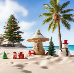 A beautiful beach setting on Christmas day, decorated with a festive Christmas tree standing on the sand, gifts around, ornaments hanging from palm trees and a snowman made of sand.