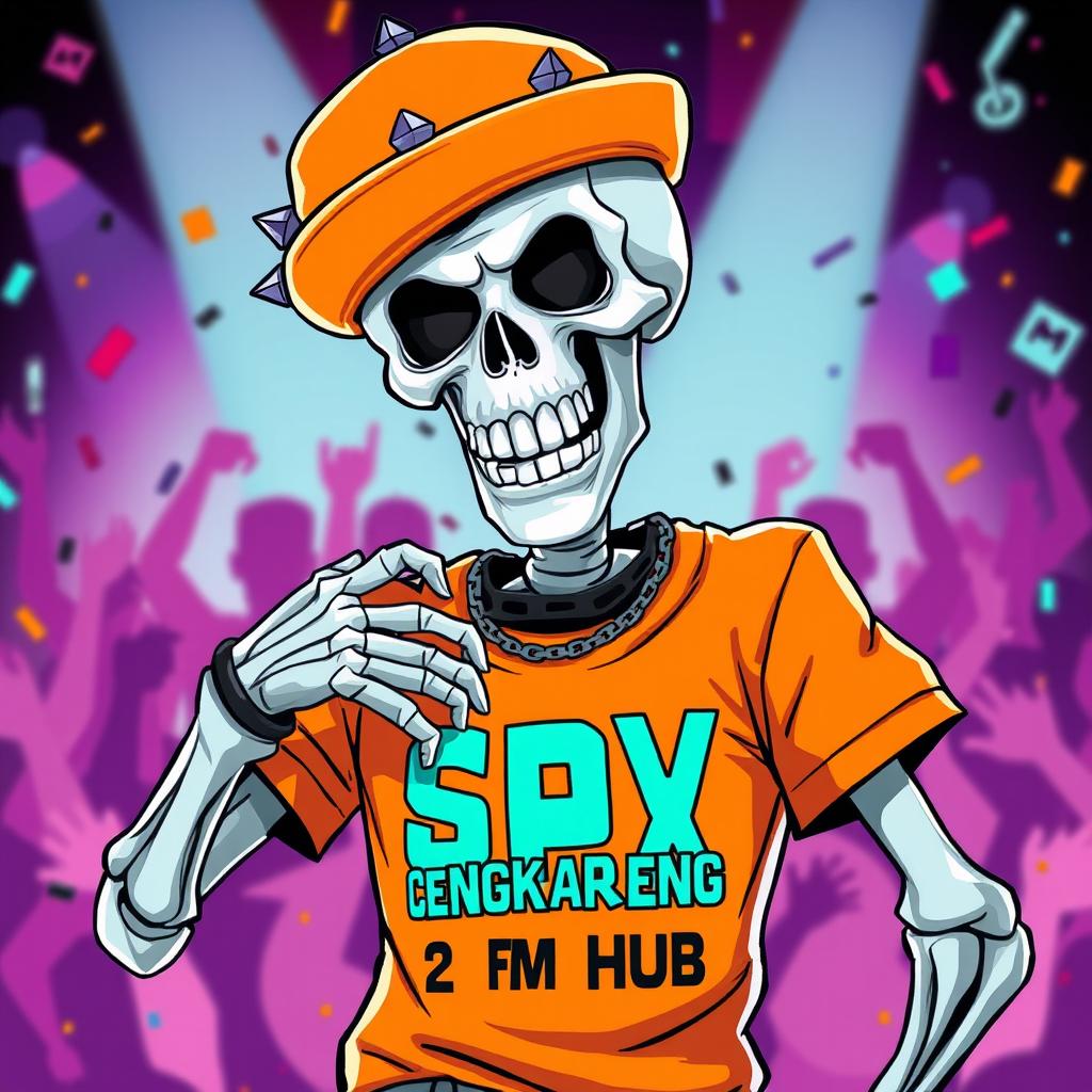 An animated skeleton posing in a heavy metal style, wearing an eye-catching orange hat and an orange t-shirt emblazoned with the text 'SPX CENGKARENG 2 FM HUB'