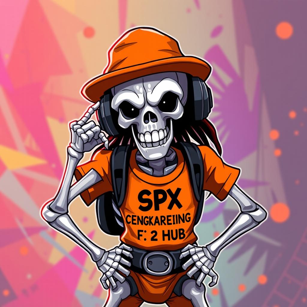 An animated skeleton in a metal pose, wearing an orange hat and an orange shirt with the text SPX CENGKARENG 2 FM HUB