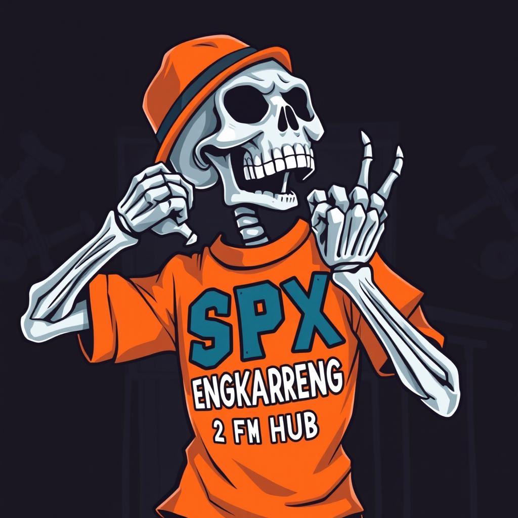 An animated skeleton striking a metal pose, wearing an orange hat and an orange shirt with the text 'SPX CENGKARENG 2 FM HUB'