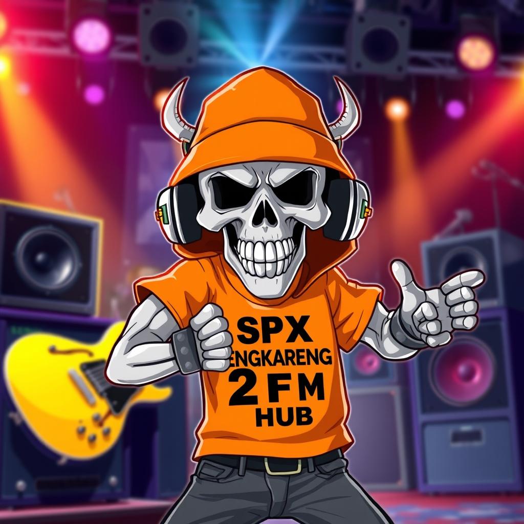 An animated skull character in a metal pose, wearing an orange hat and an orange shirt with the text 'SPX CENGKARENG 2 FM HUB' printed on it