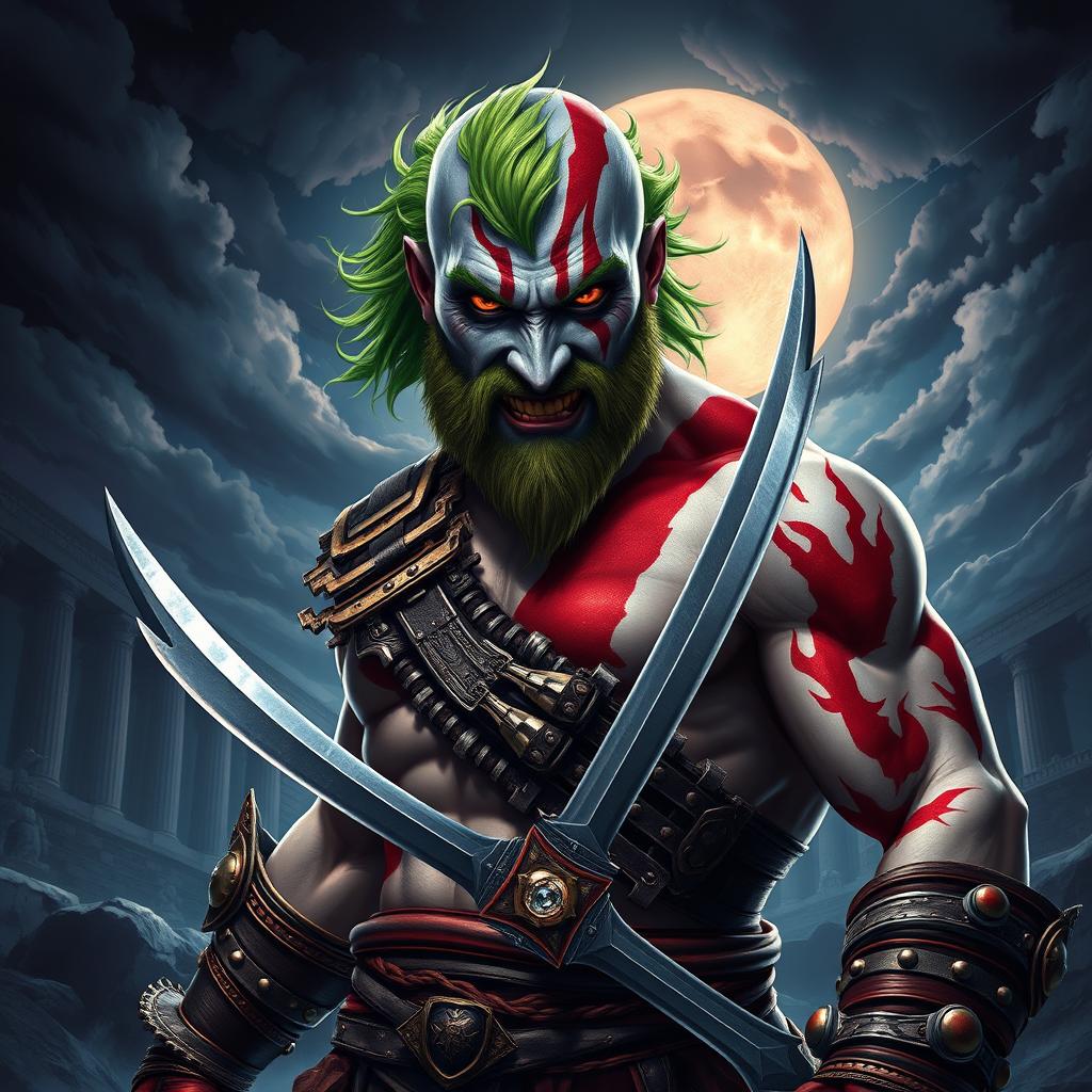A dramatic illustration of Kratos from God of War 1, featuring the face of the Joker
