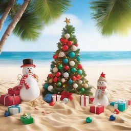 A beautiful beach setting on Christmas day, decorated with a festive Christmas tree standing on the sand, gifts around, ornaments hanging from palm trees and a snowman made of sand.