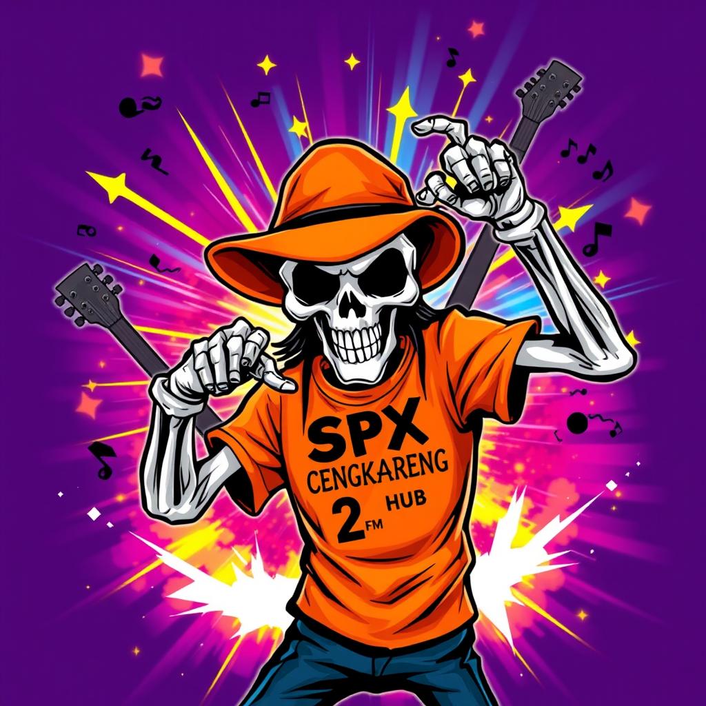 A vibrant and eye-catching illustration of a skeleton striking a metal pose