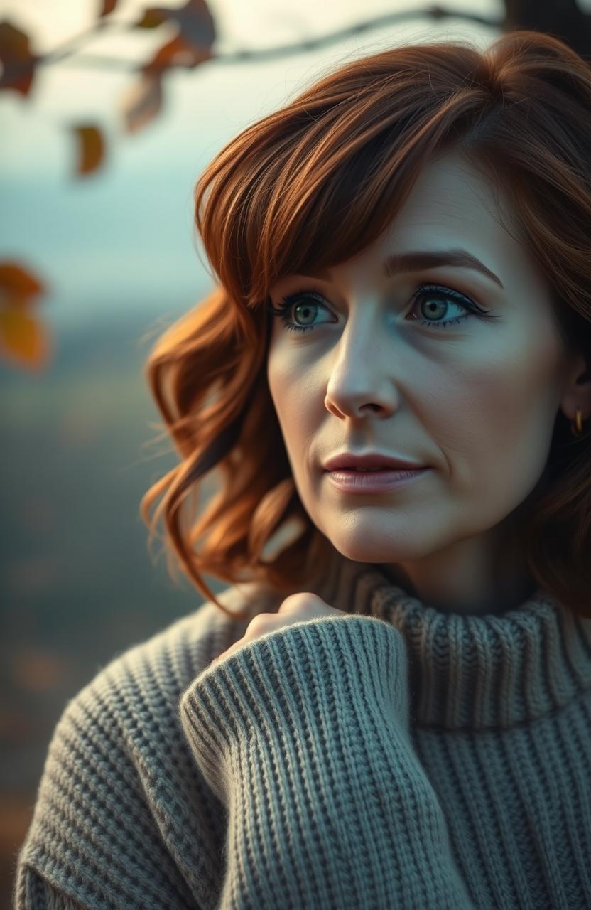 A serene and thoughtful portrait of a woman in her late 30s, with soft features and gentle expression, gazing out into the distance with a hint of melancholy in her deep green eyes
