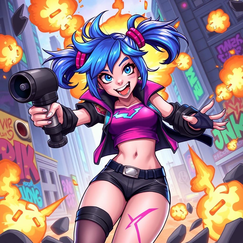 A vibrant and dynamic illustration of Jinx from League of Legends, showcasing her wild and chaotic personality