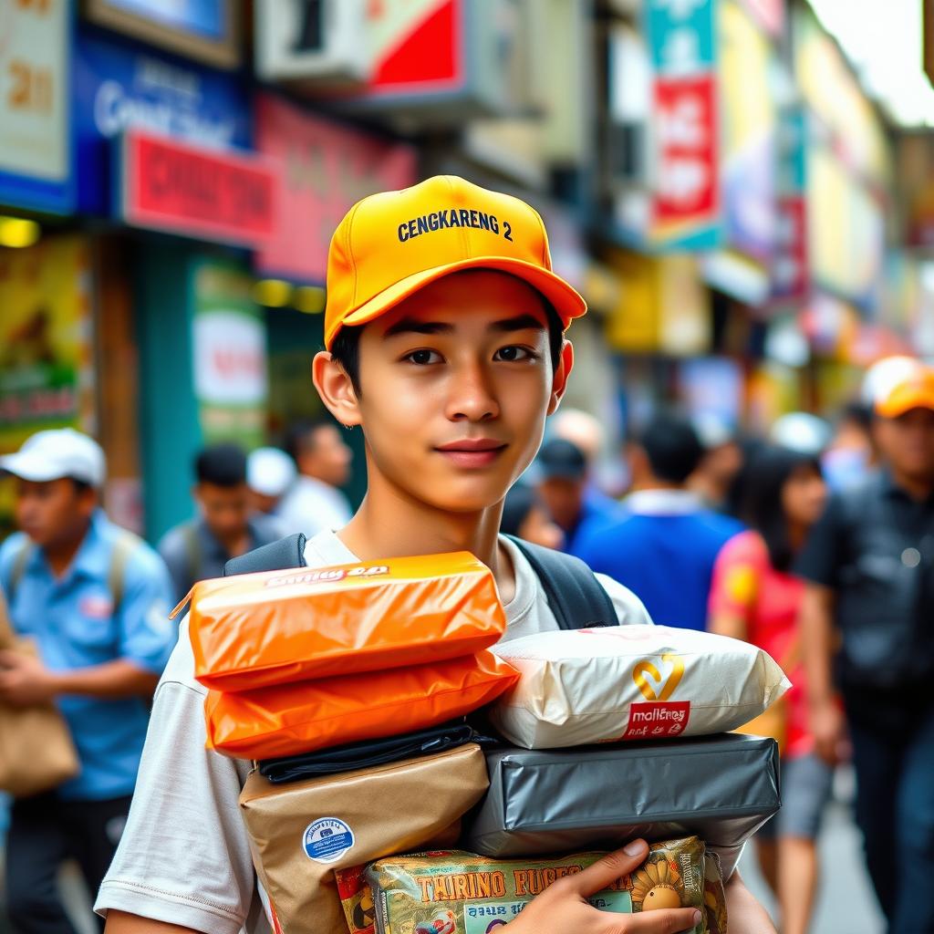 A young man wearing an orange cap with the word 'CENGKARENG 2' printed on it, carrying several packages