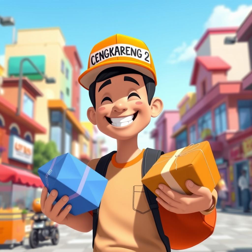 An animated scene of a cheerful man wearing an orange hat with the word 'CENGKARENG 2' printed on it