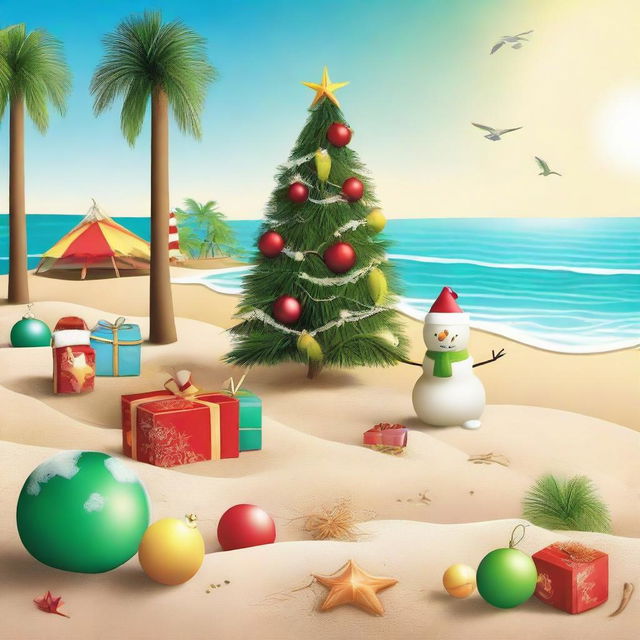 A festive beach setting on Christmas day, featuring a Christmas tree standing on the sand, ornaments hanging from palm trees, gifts scattered around, a sand-made snowman, and a friendly kiwi bird joining the celebration.