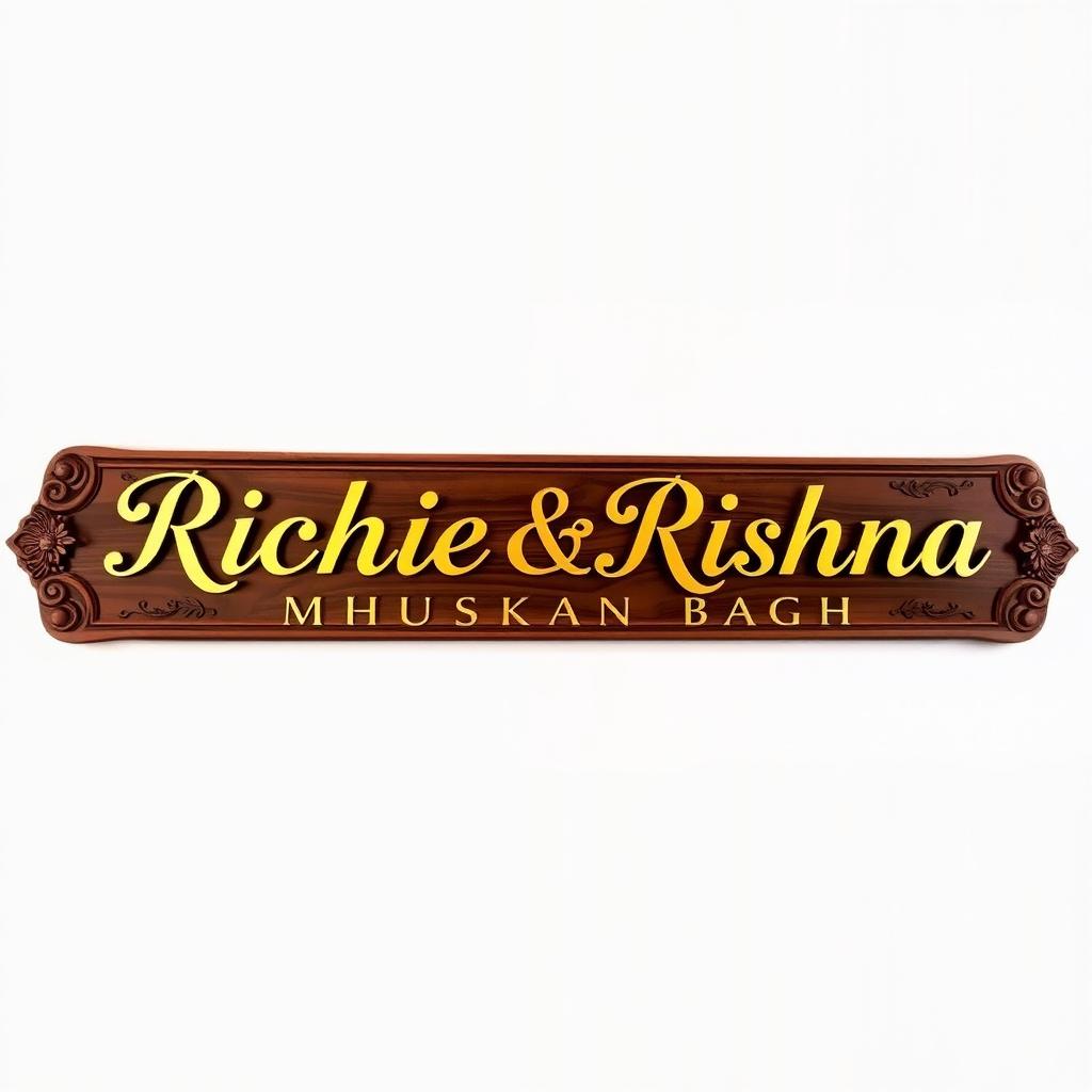 A beautifully designed nameplate featuring the names 'Richie Rishna Muskan Bagh' elegantly arranged