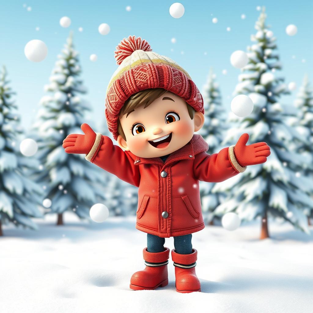 A 3D drawing of a boy playing in a snowy landscape, with snowflakes gently falling around him