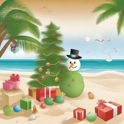 A festive beach setting on Christmas day, featuring a Christmas tree standing on the sand, ornaments hanging from palm trees, gifts scattered around, a sand-made snowman, and a friendly kiwi bird joining the celebration.