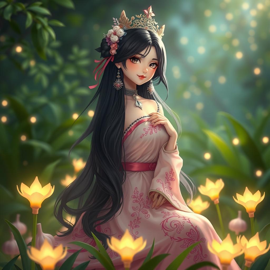 A vibrant and mystical scene featuring a character inspired by the concept of 'Putri Bawang Putih'