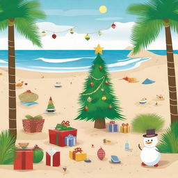 A festive beach setting on Christmas day, featuring a Christmas tree standing on the sand, ornaments hanging from palm trees, gifts scattered around, a sand-made snowman, and a friendly kiwi bird joining the celebration.