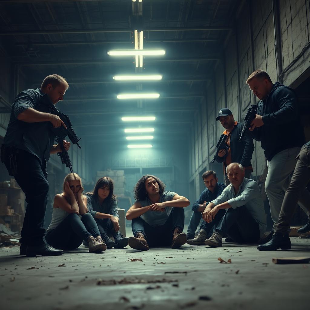 A dramatic scene featuring a group of armed individuals in a tense standoff with a hostage