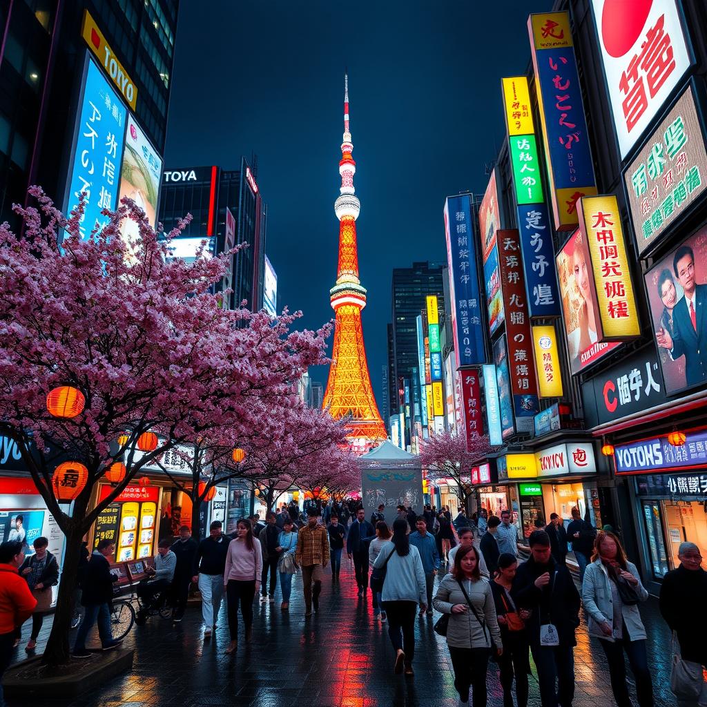 A vibrant Tokyo cityscape at night, showcasing neon lights illuminating bustling streets filled with people