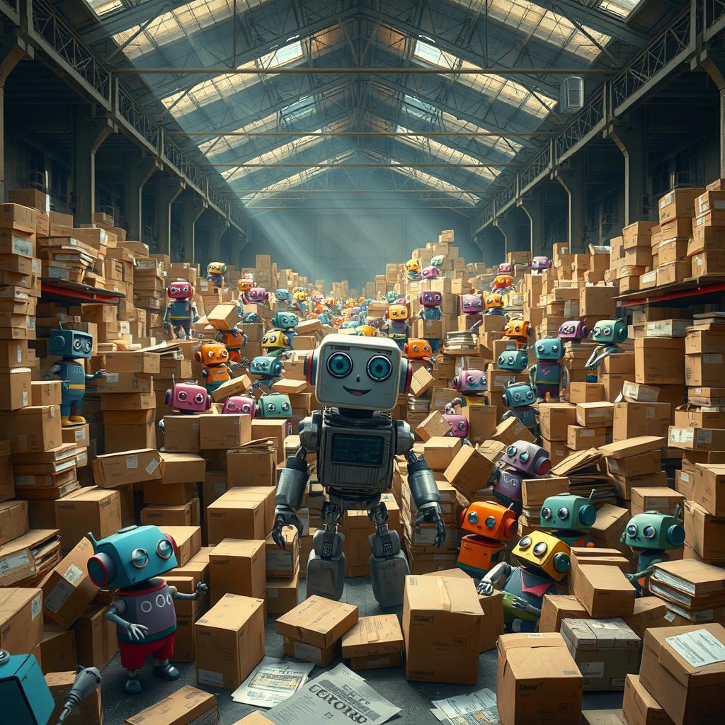 A large, chaotic warehouse filled with messy, stacked boxes scattered around