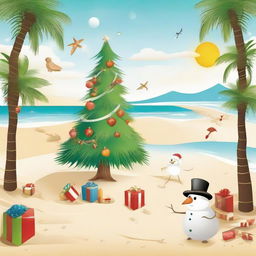 A festive beach setting on Christmas day, featuring a Christmas tree standing on the sand, ornaments hanging from palm trees, gifts scattered around, a sand-made snowman, and a friendly kiwi bird joining the celebration.