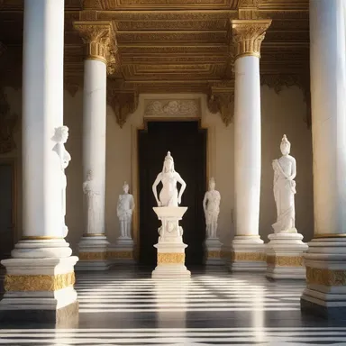 The statues in the grand entrance of the palace stood akimbo, adding a touch of elegance to the design.