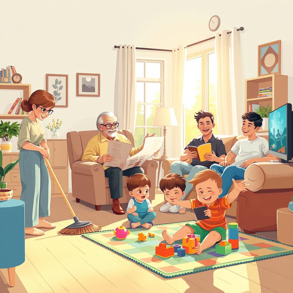 A lively family living room scene depicted with warmth and togetherness