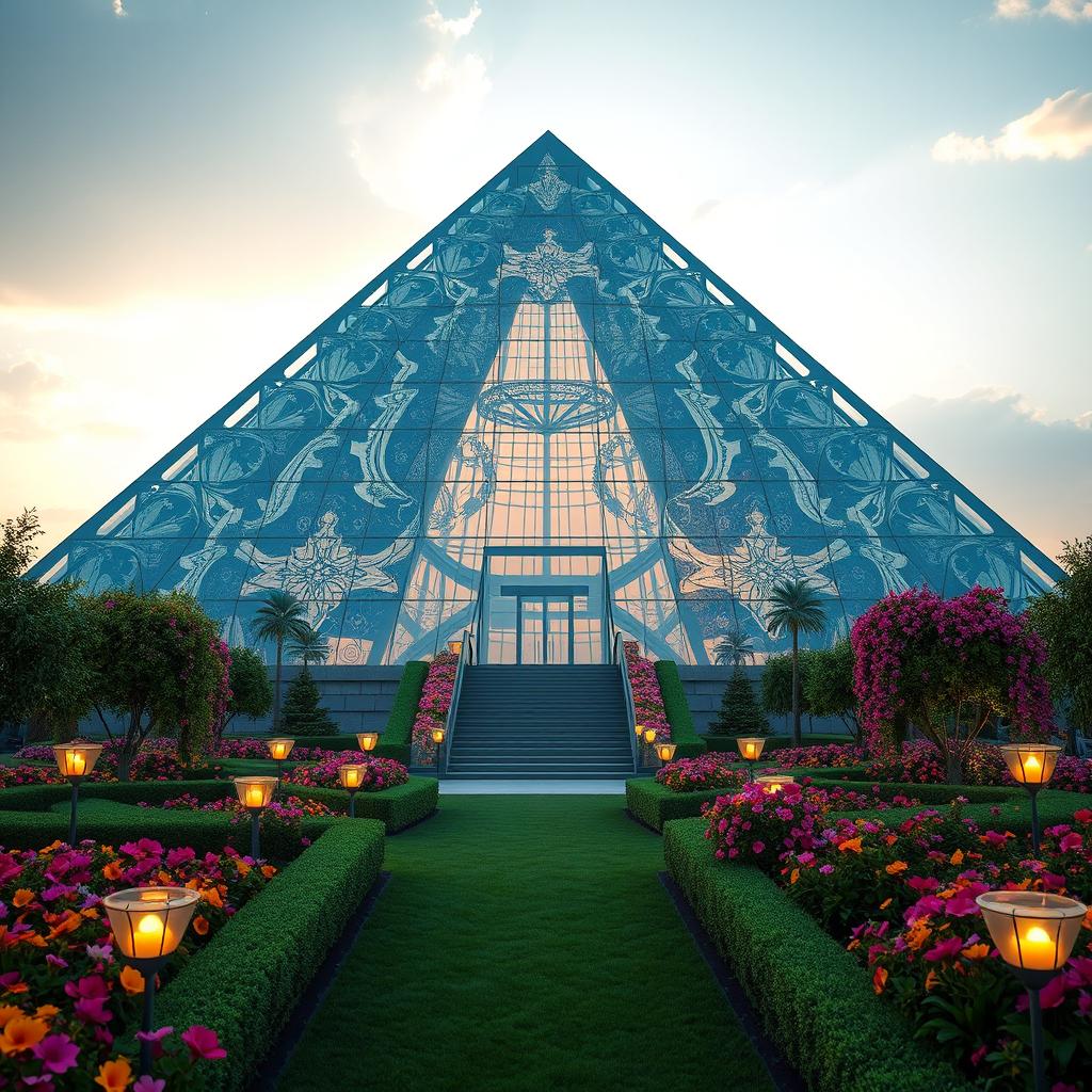 A striking modern pyramid architecture that beautifully combines elements from the historical Achaemenid empire with futuristic design features, showcasing shimmering glass and reflective surfaces