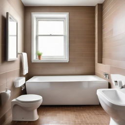 A compact bathroom with a white bathtub featuring a waves motor, a white toilet against one wall, a small window situated above the bathtub, a diminutive sink against another wall, all accentuated with brown tile flooring