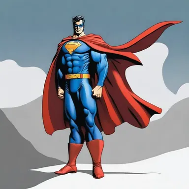 The superhero struck a triumphant pose, standing akimbo with his cape billowing in the wind.