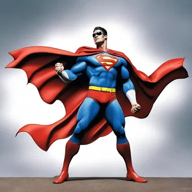 The superhero struck a triumphant pose, standing akimbo with his cape billowing in the wind.