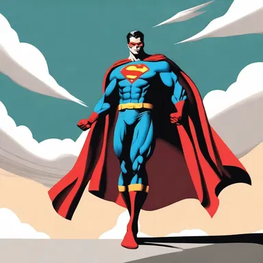 The superhero struck a triumphant pose, standing akimbo with his cape billowing in the wind.