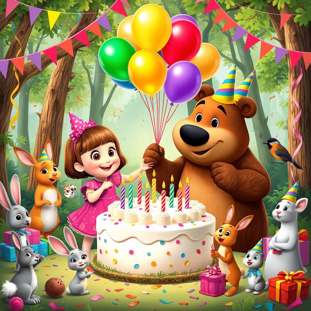 A festive birthday celebration featuring Masha and the Bear in a colorful forest setting