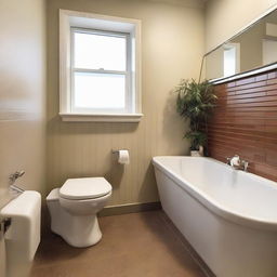 A compact bathroom with a white bathtub featuring a waves motor, a white toilet against one wall, a small window situated above the bathtub, a diminutive sink against another wall, all accentuated with brown tile flooring