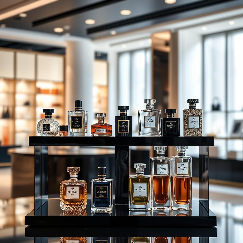 A sleek, modern perfume stand made of black acrylic, elegantly displaying an array of luxurious perfume bottles